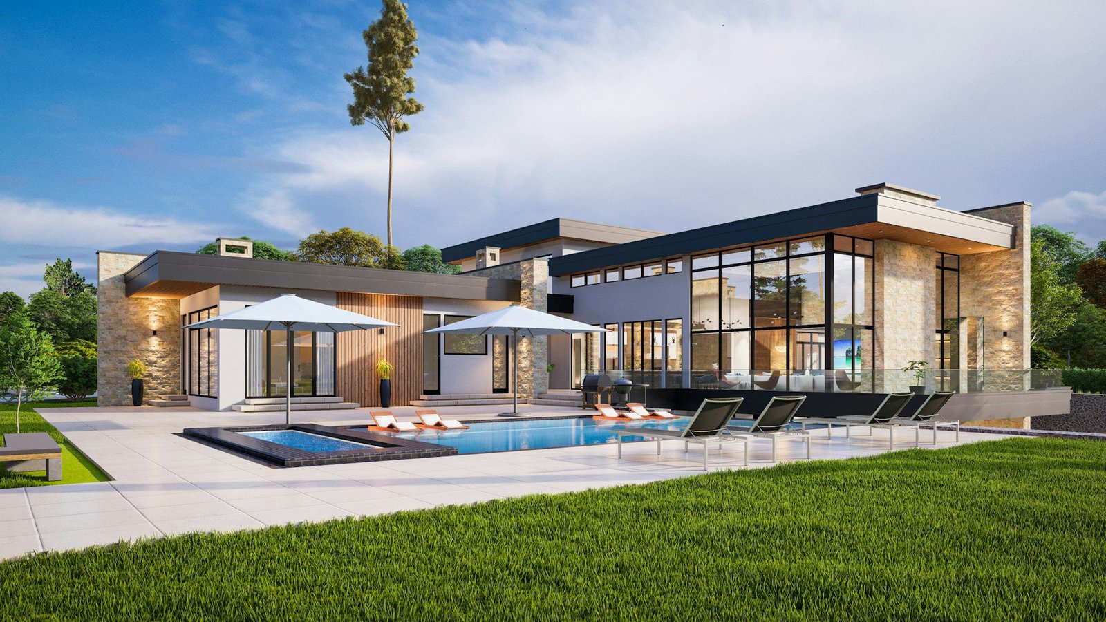 Beautiful contemporary home with landscaped yard and driveway